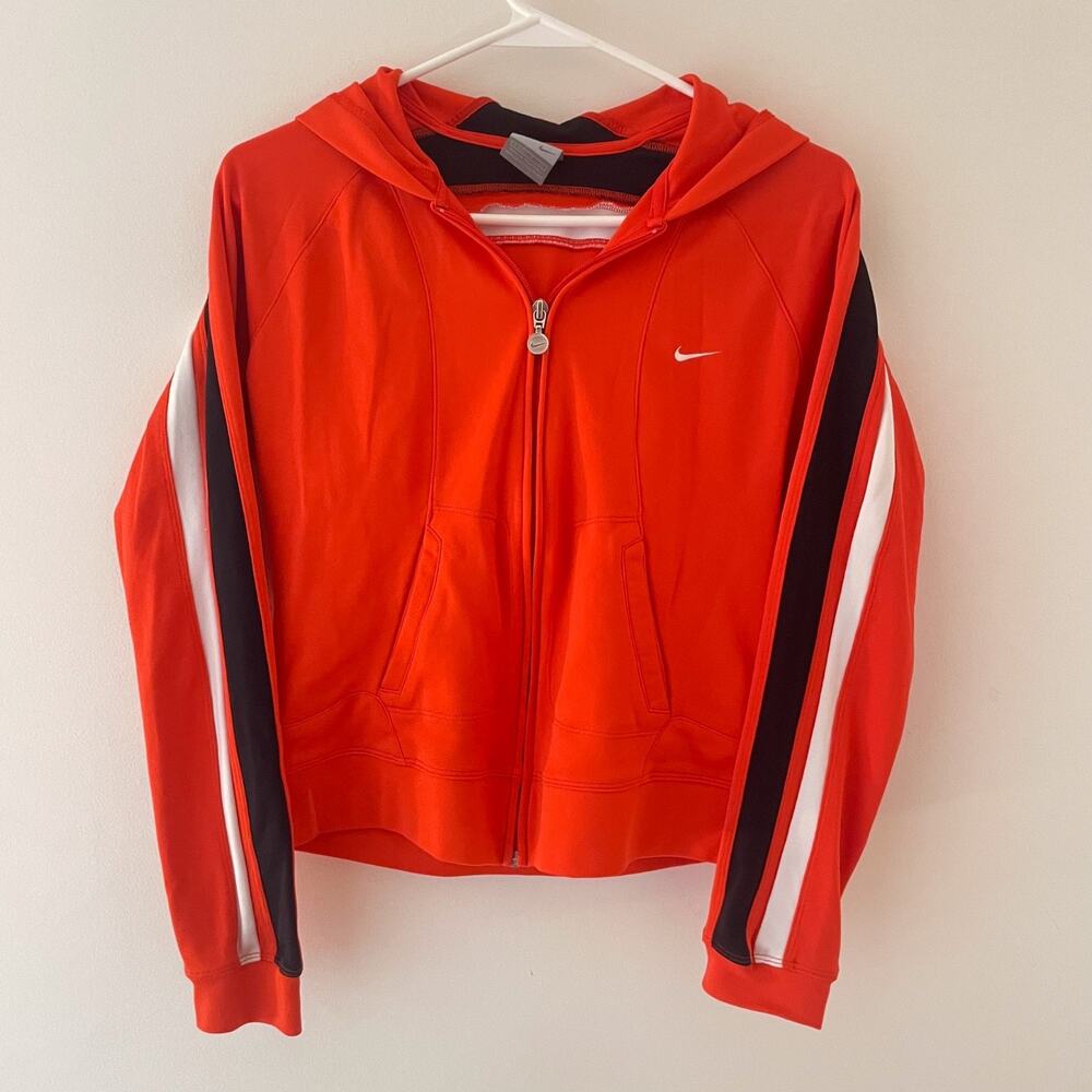 Y2K Red Orange Zip Up Hoodie S Swoosh Retro Track Stripe Hooded Sweatshirt 2000s